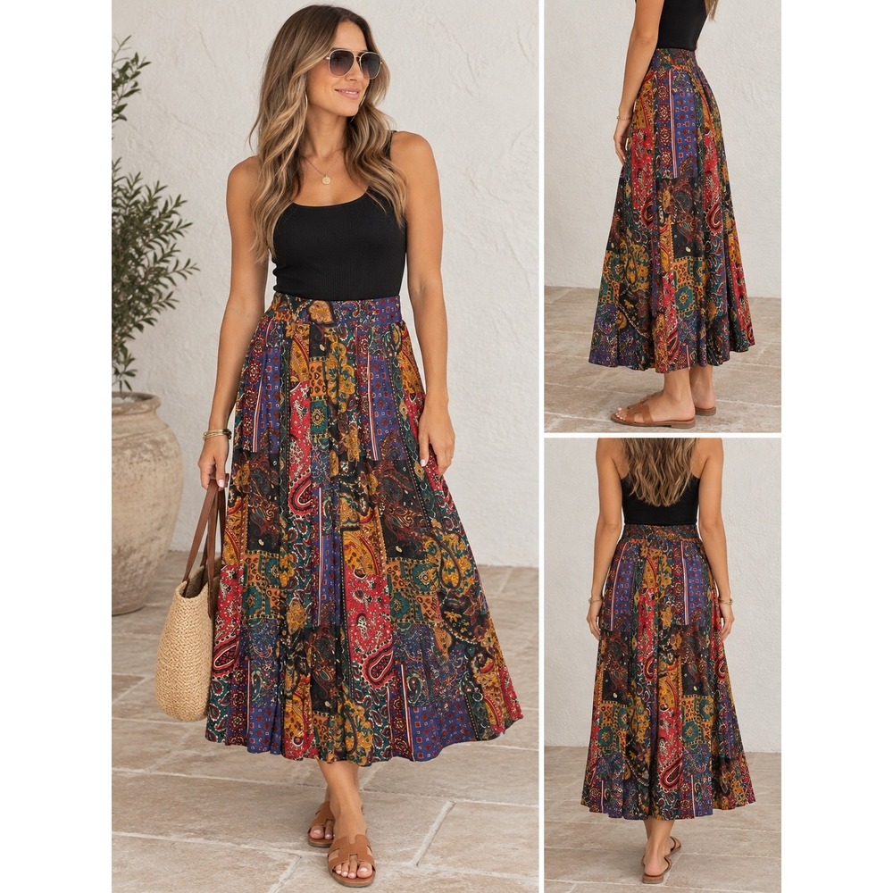 Christine David Paisley Patchwork Pleated Midi Skirt Women Size 12 Boho 90s USA